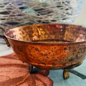 Vintage Hand-Hammered Copper Colander Bowl with Brass Handles & Feet